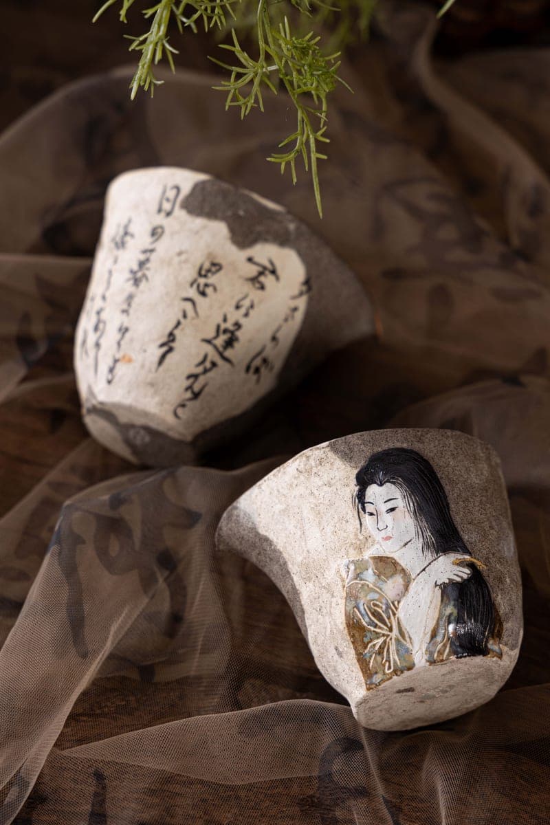 Hand-Painted Fair Cup Pair — Calligraphy & Beauty