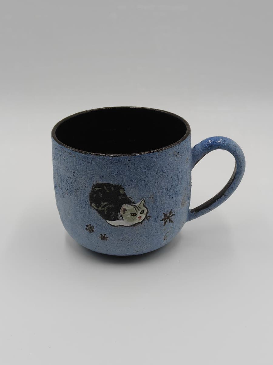 Handcrafted Mug — Blue Cat Snow Scene